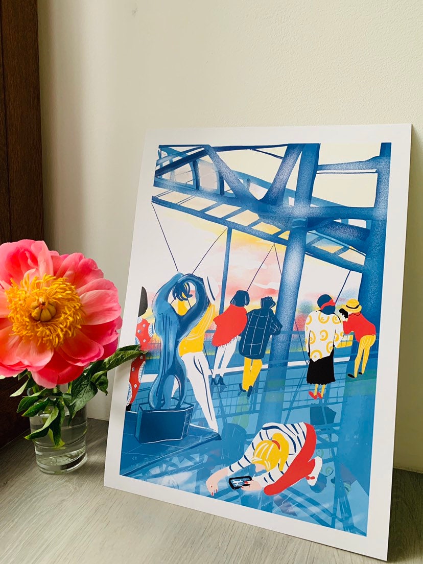 Pompidou Reflection Print: Paris Cityscape Watercolor Illustration