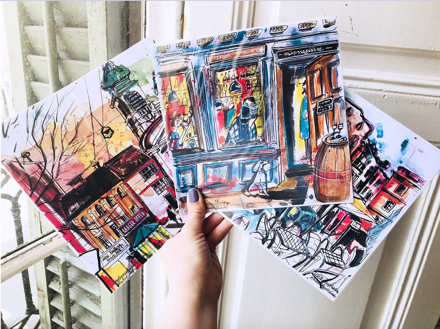 Barcelona Watercolor Print: City Street Scene, Yellow Umbrella (20x20cm)