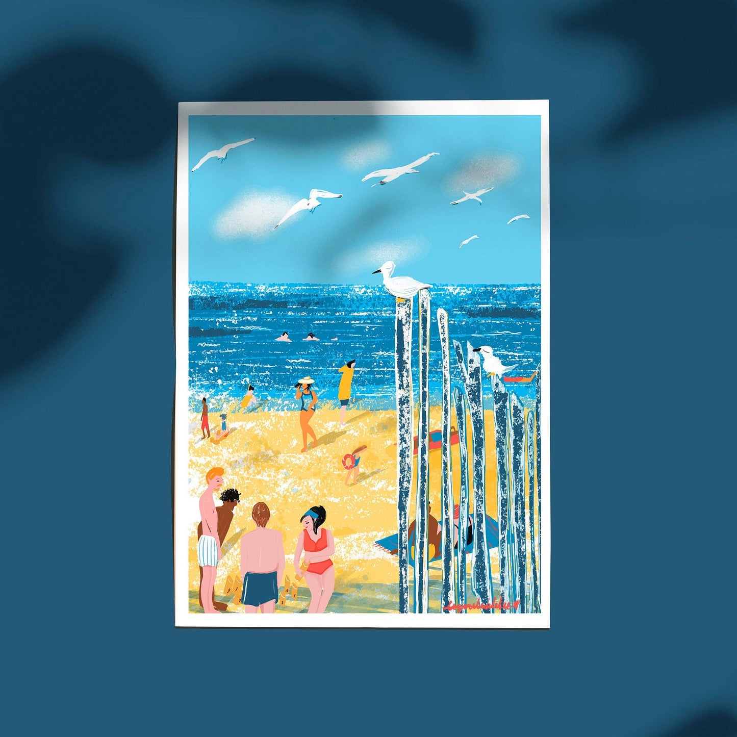 Saint-Malo Beach Print: Bretagne France Illustration, Seagulls (Digital Print)