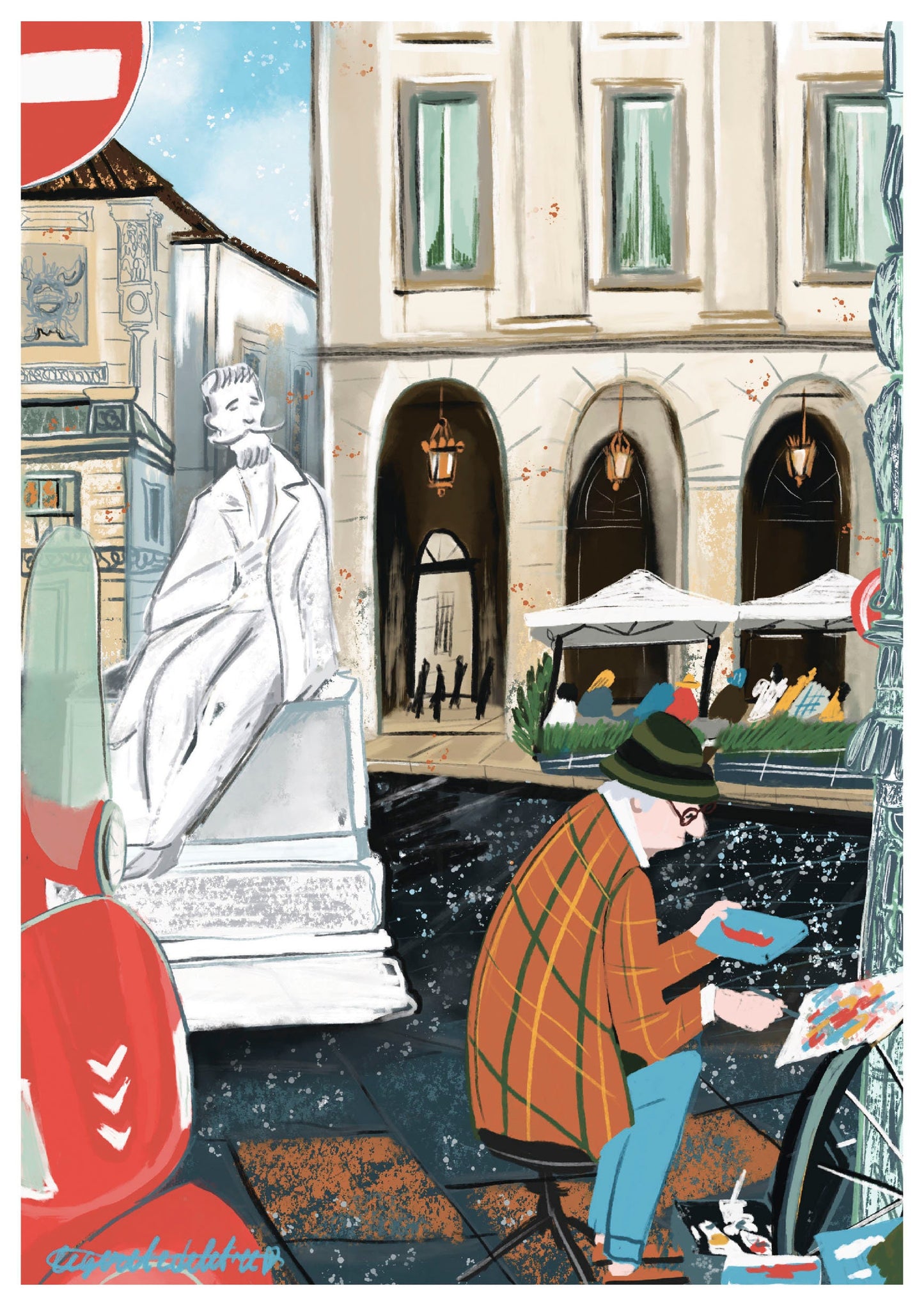 Milan City Print: Italian Street Scene Illustration