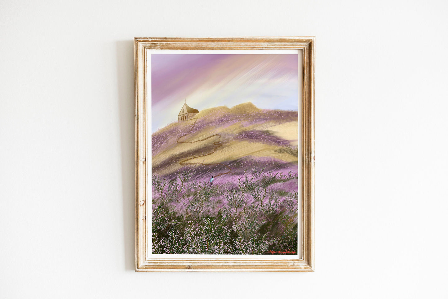 Heather Field Art Print: Church on Hill Illustration, Kitchen Wall art , Botanical art poster