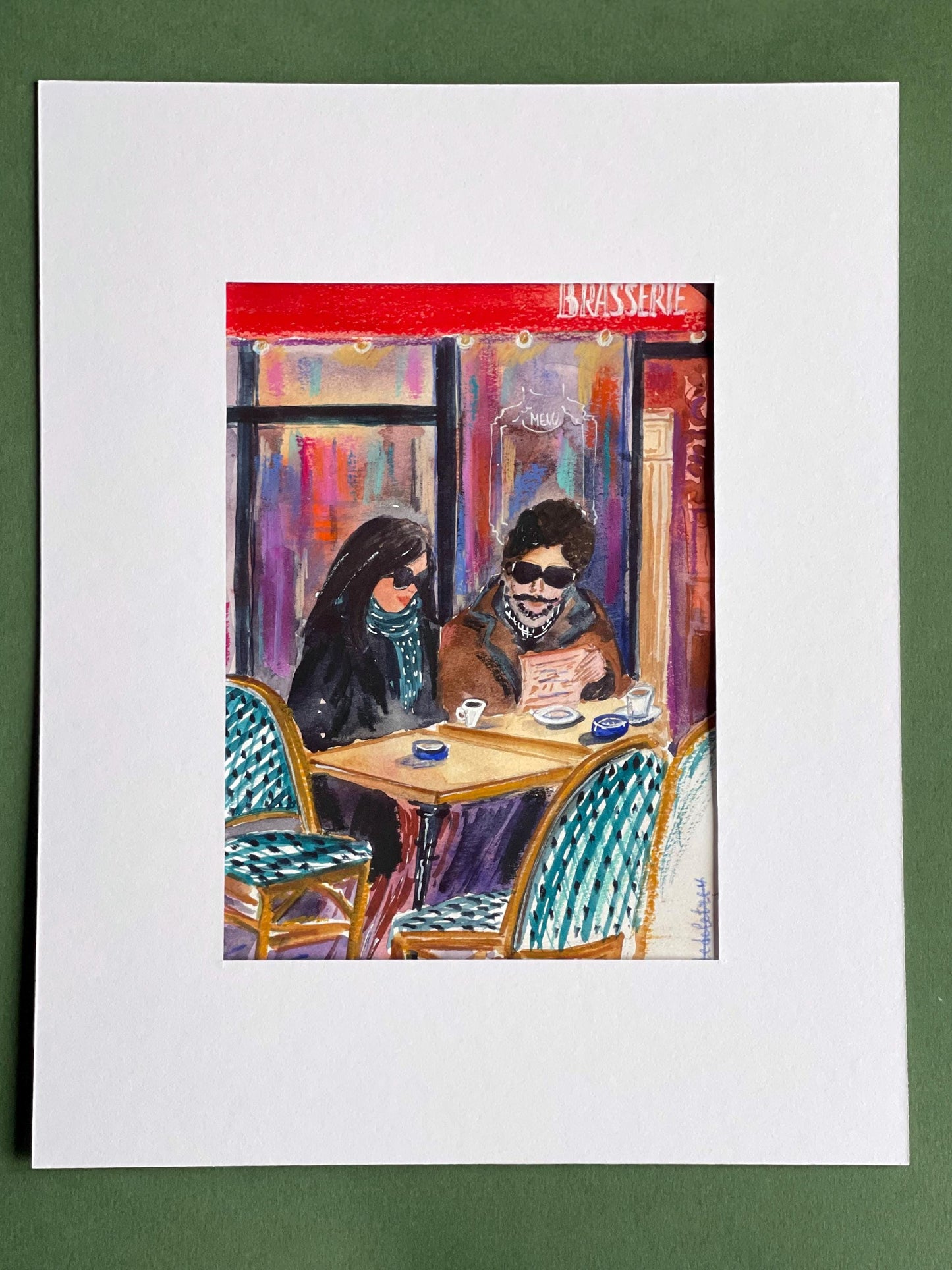 Parisian Cafe Watercolor Sketch: Romantic Couple Artwork