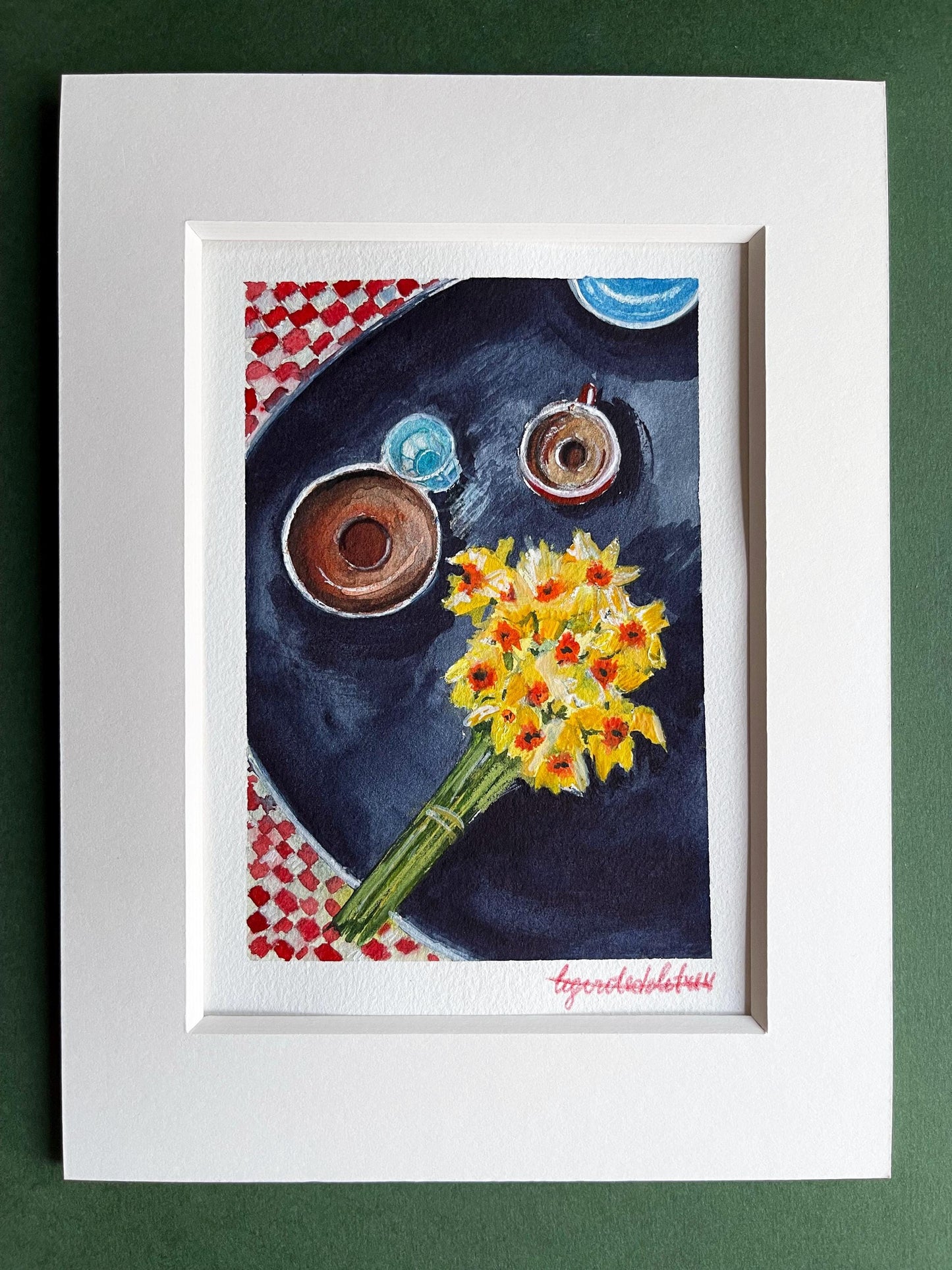Coffee and flowers tiny watercolour Parisian terrace art