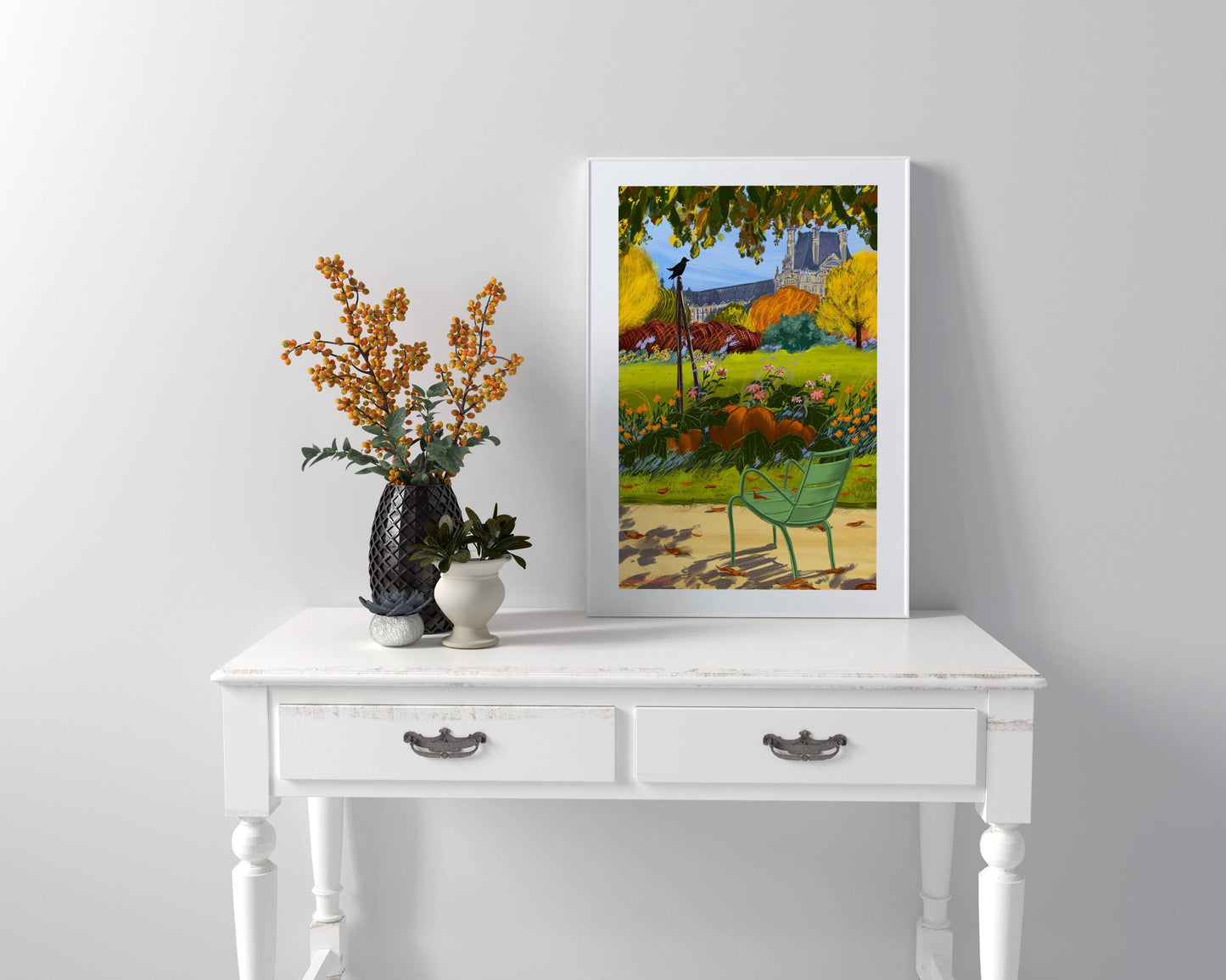 Autumn Poster Paris |Tuileries Garden:Crown and Pumpkin illustration|Fall season Paris Wall Art| A3 A4 sizes| Autumn memory from Paris