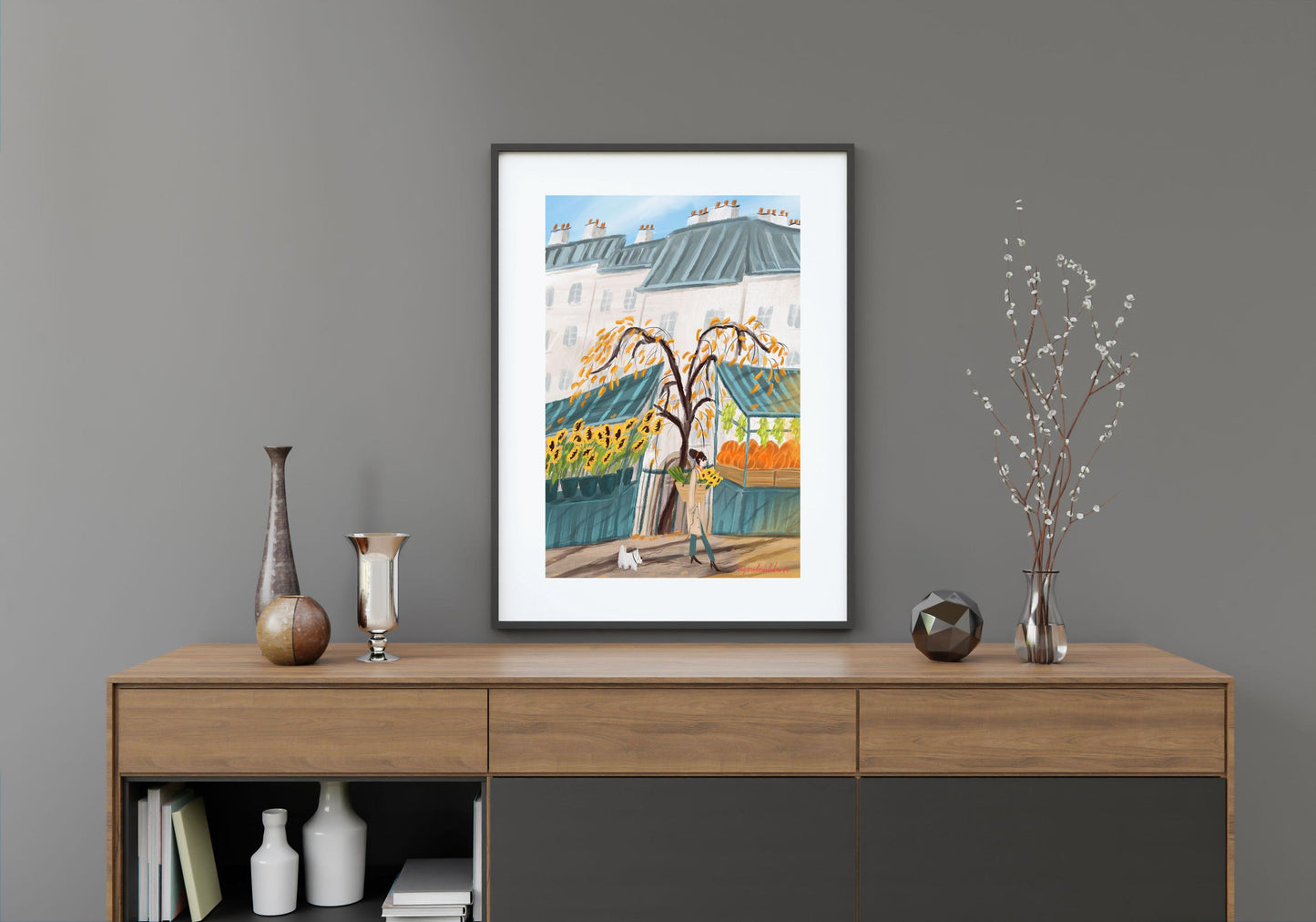 Fall season wall art|Paris autumn market poster -Sunflowers and Pumpkins illustration.Kitchen Wall Decor