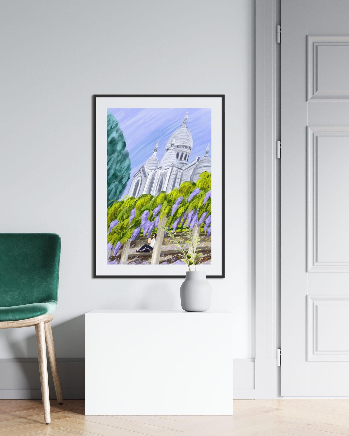 Sacre-Coeur and Wisteria Blossom Wall Art| Montmartre Poster| Paris spring illustration| French home decor Gift