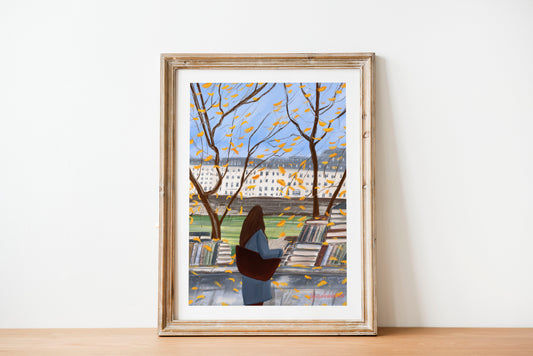 A Parisian Autumn by the Seine -Cozy Bookstalls and Golden Leaves Poster|Paris Fall Art Print for Book Lovers