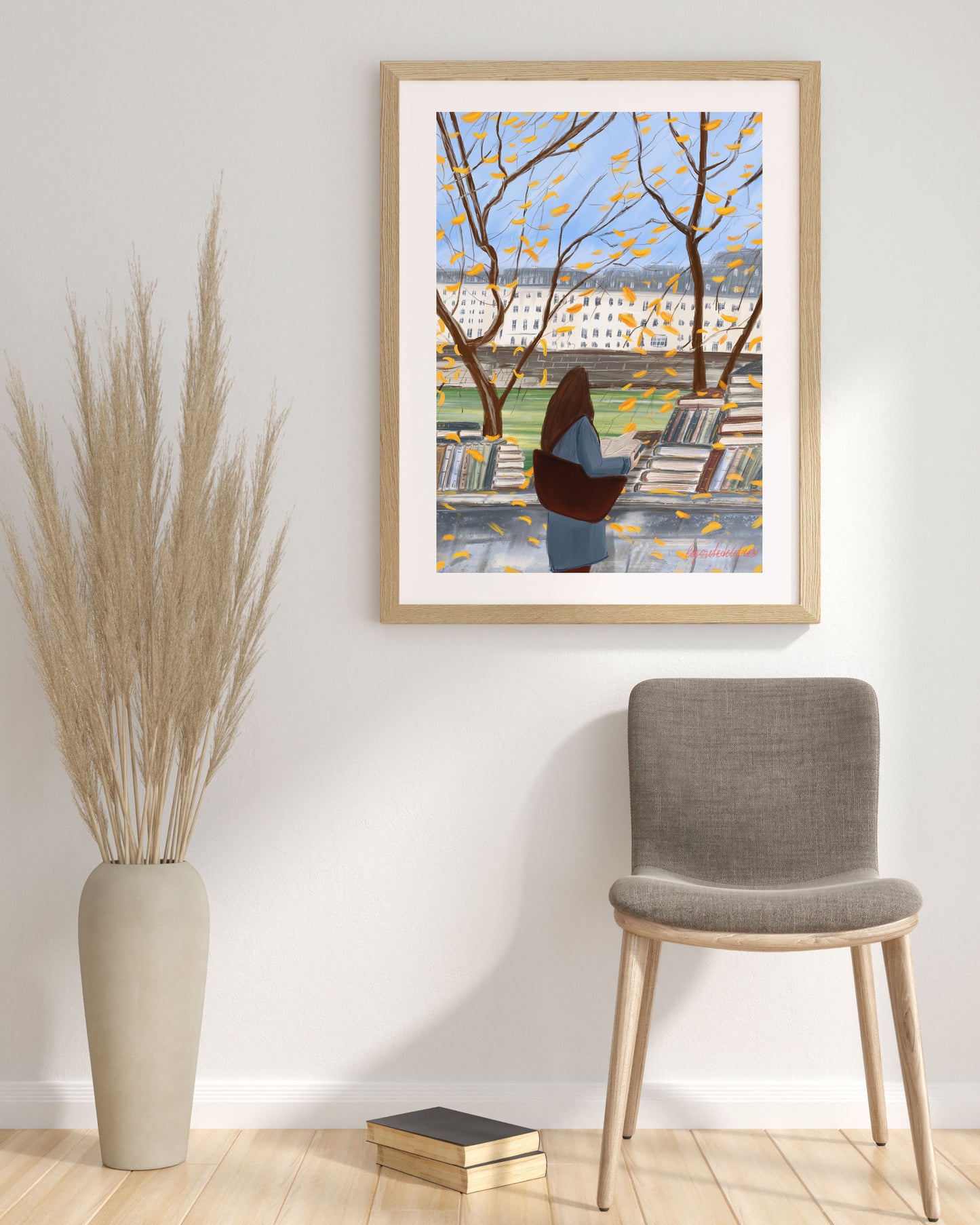 A Parisian Autumn by the Seine -Cozy Bookstalls and Golden Leaves Poster|Paris Fall Art Print for Book Lovers