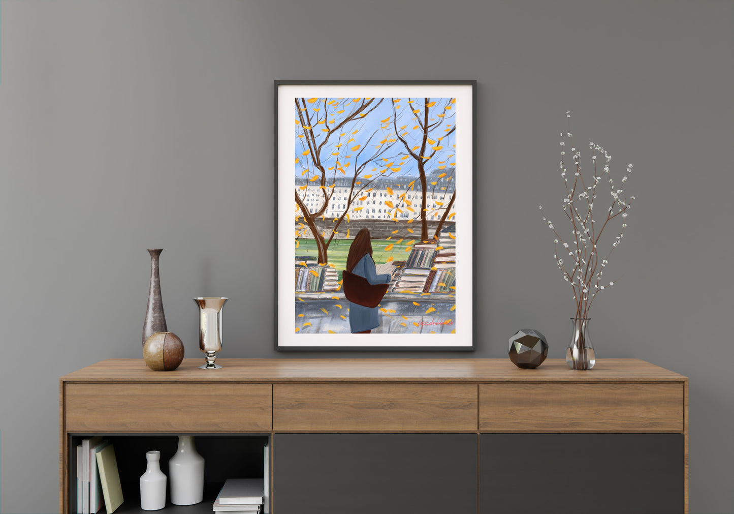 A Parisian Autumn by the Seine -Cozy Bookstalls and Golden Leaves Poster|Paris Fall Art Print for Book Lovers