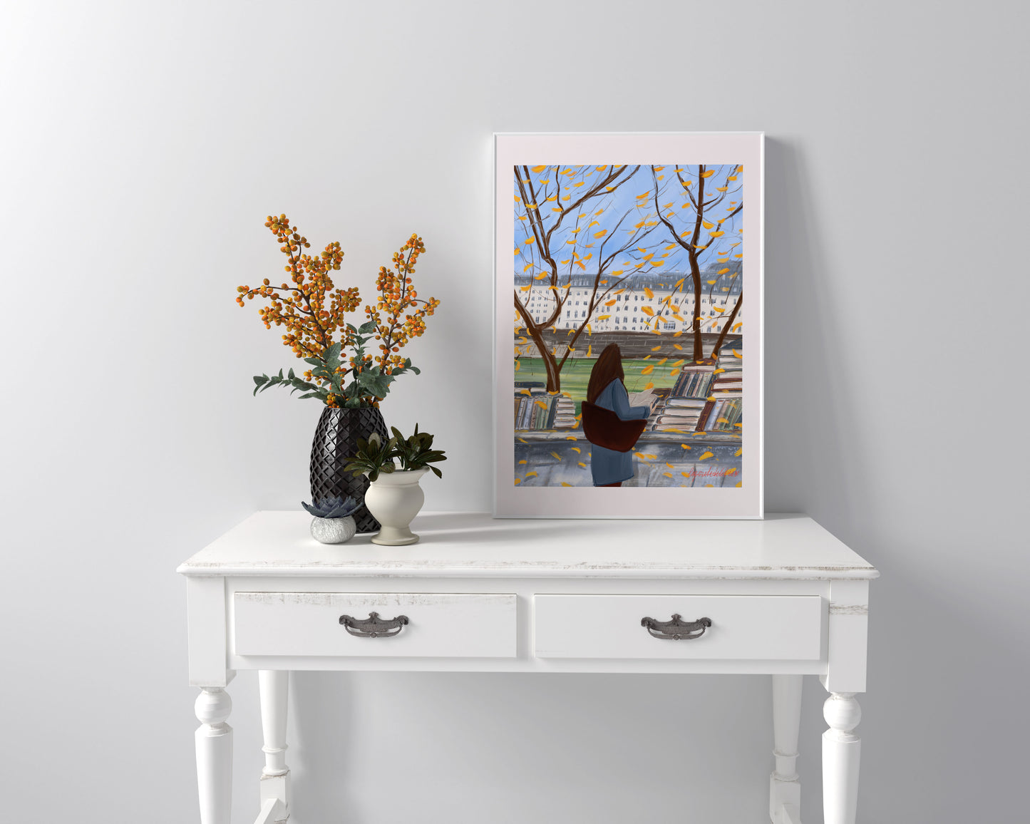 A Parisian Autumn by the Seine -Cozy Bookstalls and Golden Leaves Poster|Paris Fall Art Print for Book Lovers