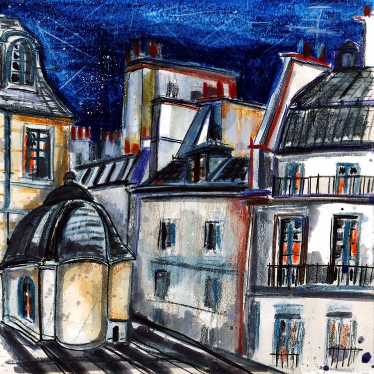 Night Paris Watercolor Print: City Lights Sketch Art