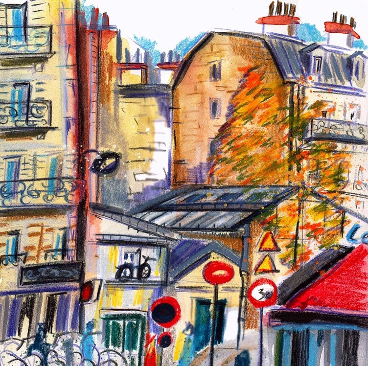 Paris Fall Watercolor Sketch Print: Urban Cityscape Wall Art