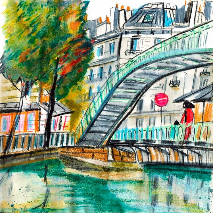 Canal Saint Martin Print: Parisian Bridge Watercolor Sketch