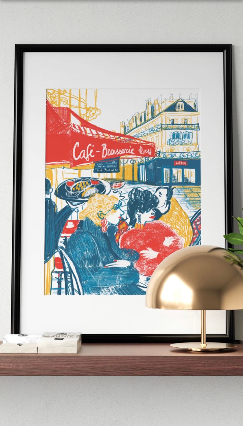 Parisian Cafe Print: Colorful Terrace Scene, Urban Lifestyle