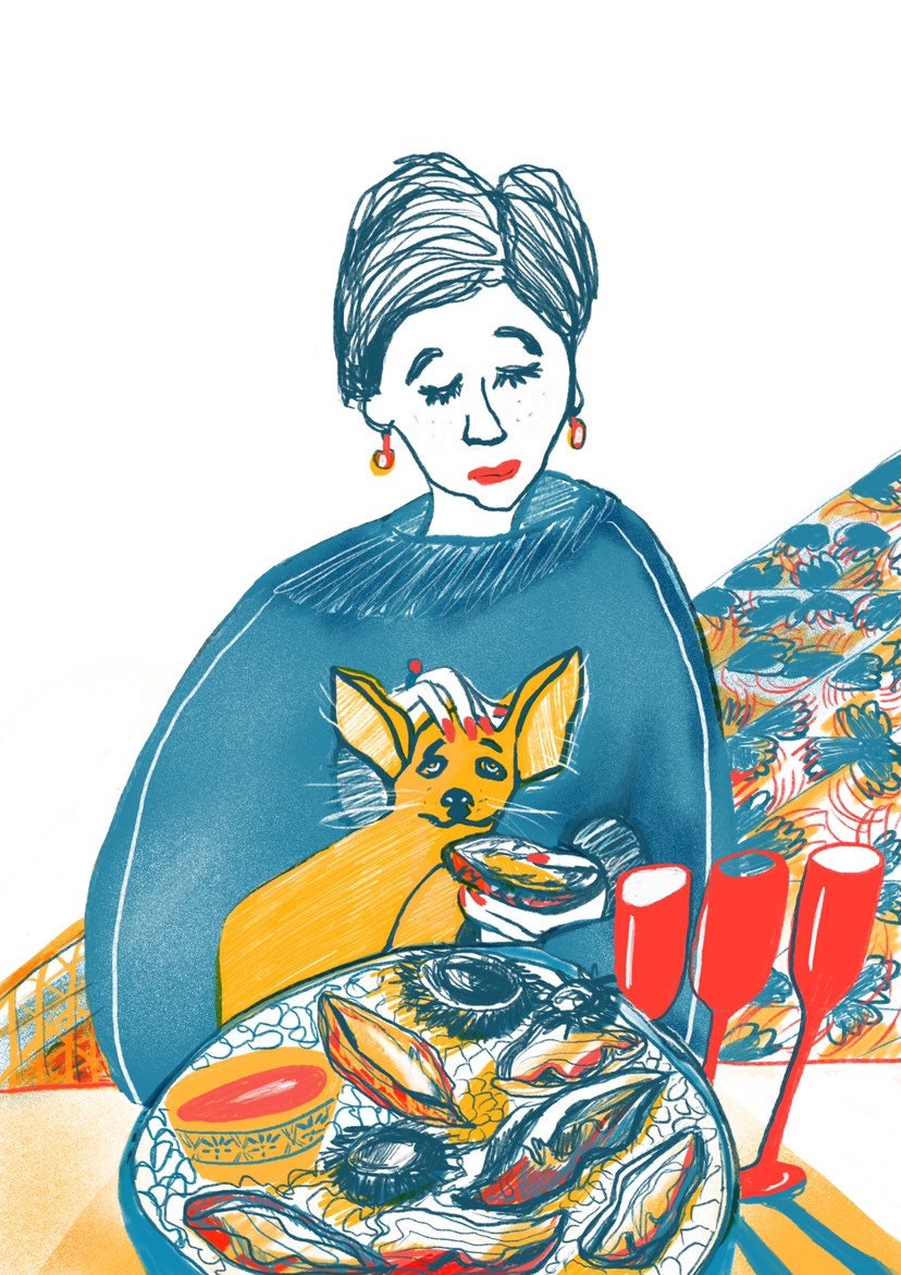Lady and Dog Pet Prints / Portrait Female with Oyster Food Art / Lady & Small Dog with Oysters