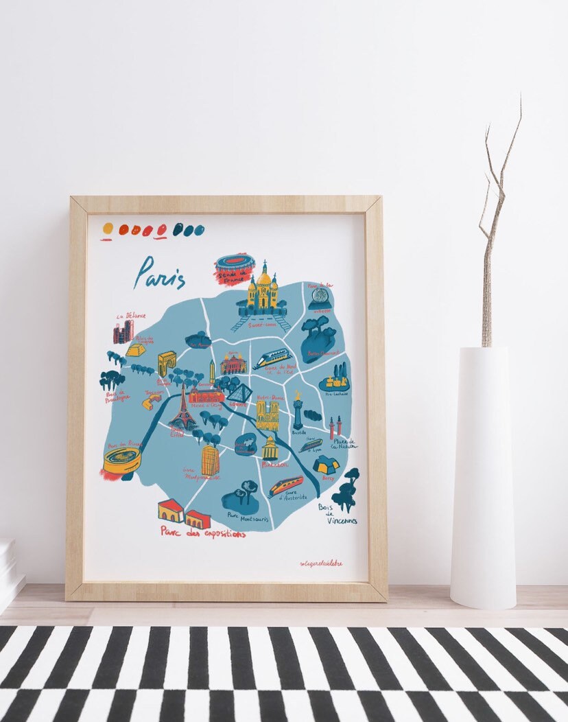Paris Illustrated Map Print: France City Wall Art