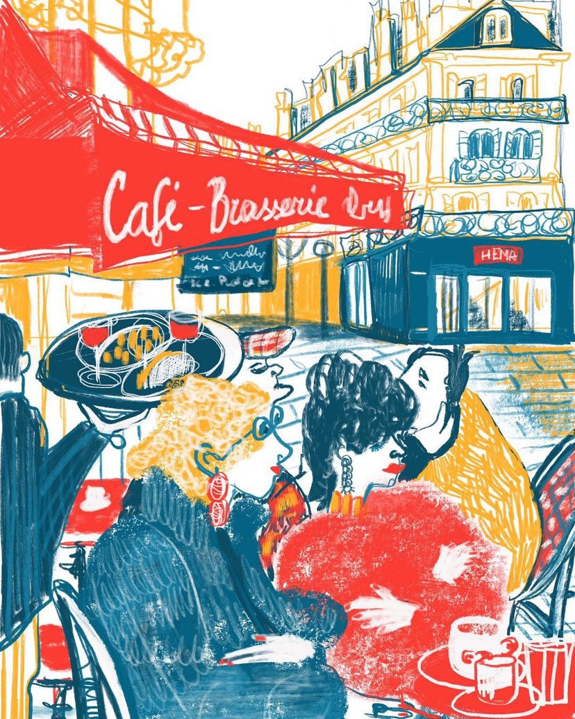 Parisian Cafe Print: Colorful Terrace Scene, Urban Lifestyle