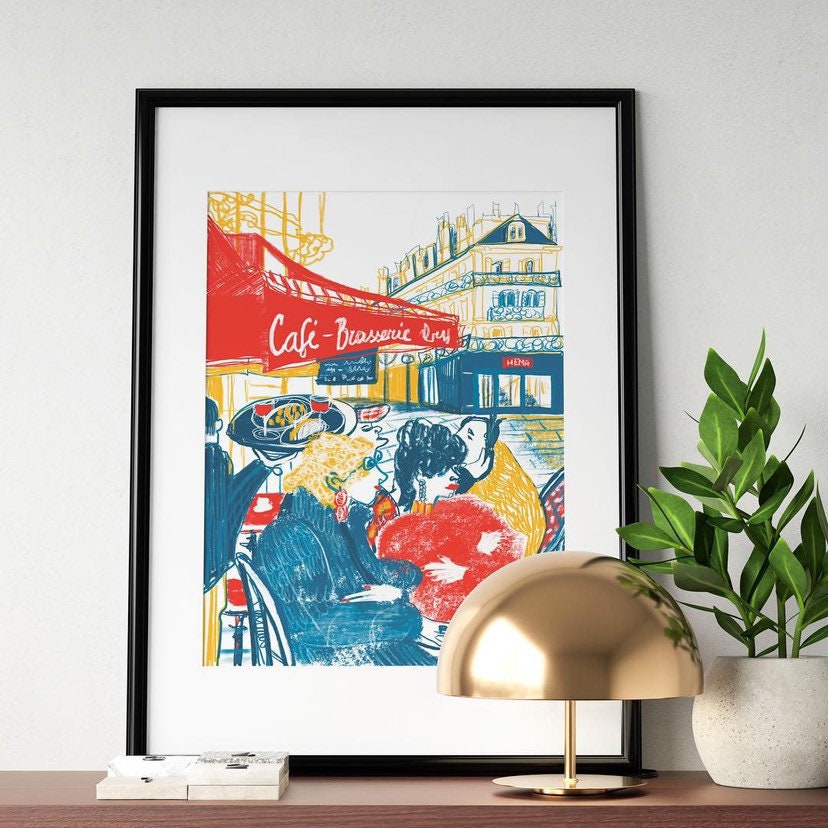 Parisian Cafe Print: Colorful Terrace Scene, Urban Lifestyle