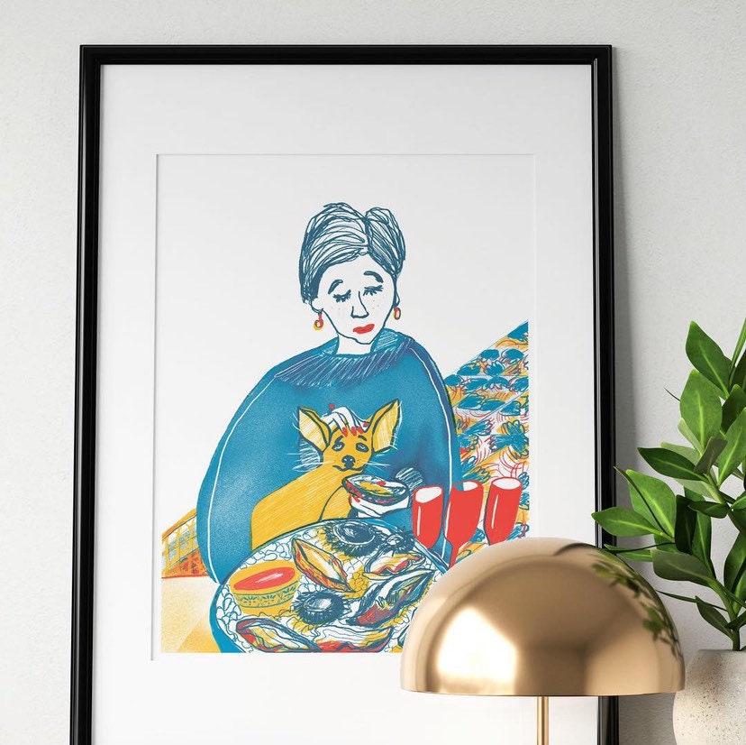 Lady and Dog Pet Prints / Portrait Female with Oyster Food Art / Lady & Small Dog with Oysters