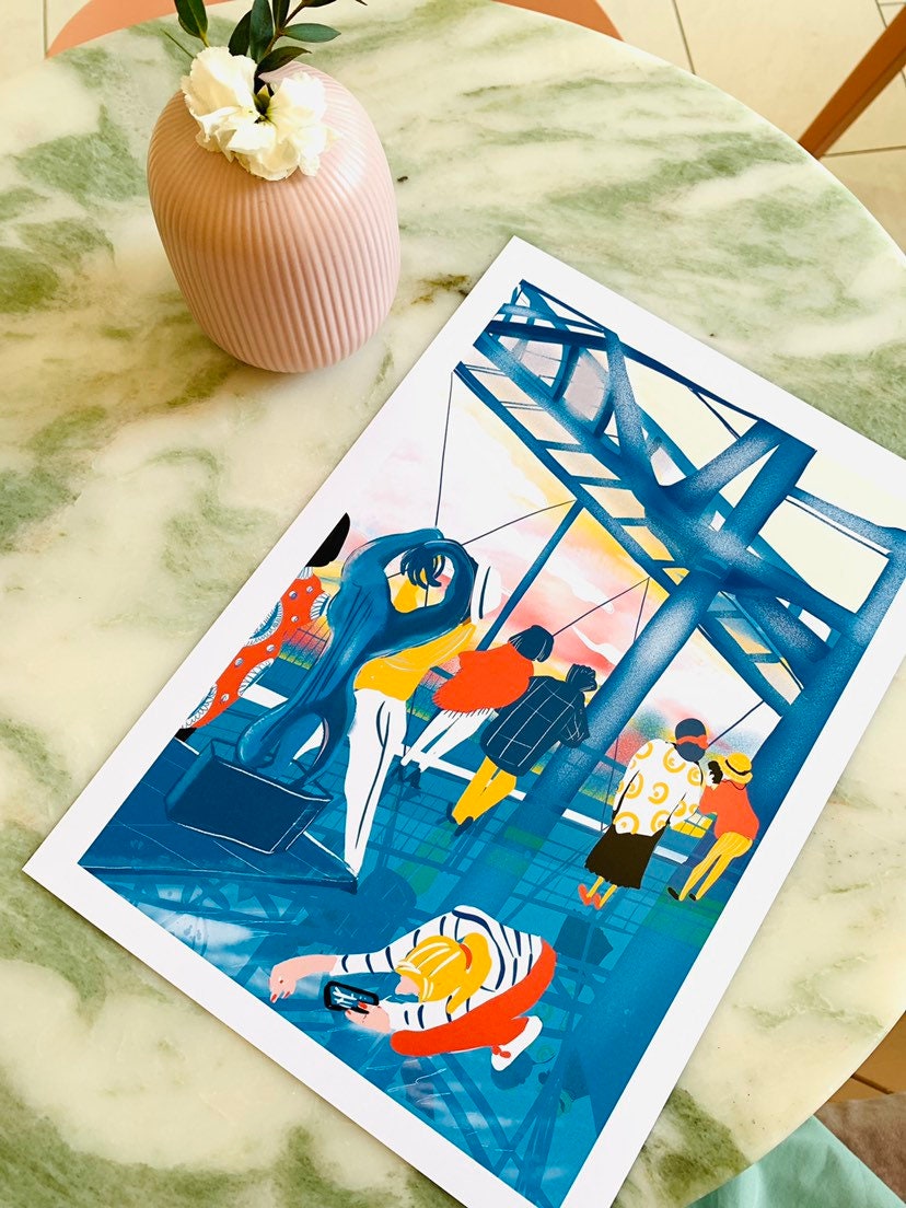 Pompidou Reflection Print: Paris Cityscape Watercolor Illustration