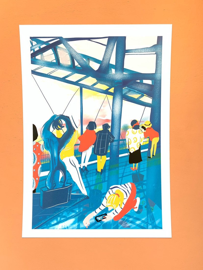 Pompidou Reflection Print: Paris Cityscape Watercolor Illustration