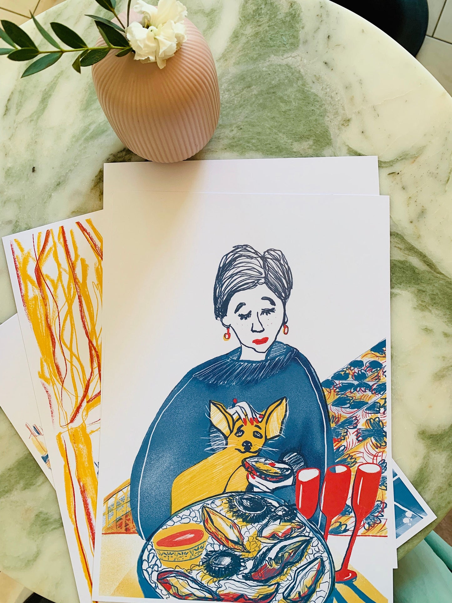 Lady and Dog Pet Prints / Portrait Female with Oyster Food Art / Lady & Small Dog with Oysters