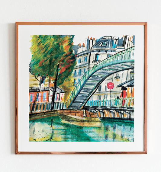 Canal Saint Martin Print: Parisian Bridge Watercolor Sketch