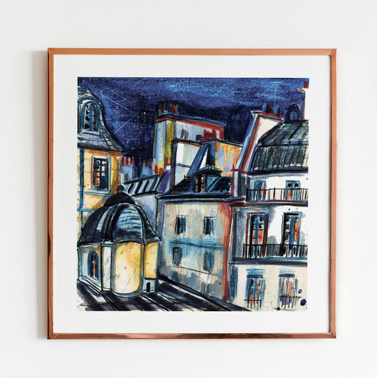 Night Paris Watercolor Print: City Lights Sketch Art