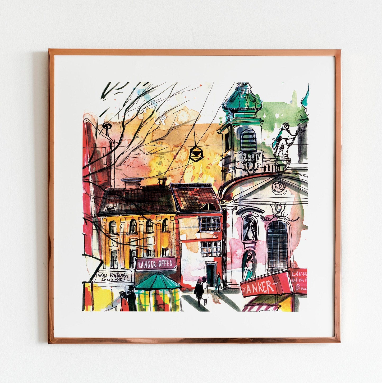 Barcelona Watercolor Print: City Street Scene, Yellow Umbrella (20x20cm)