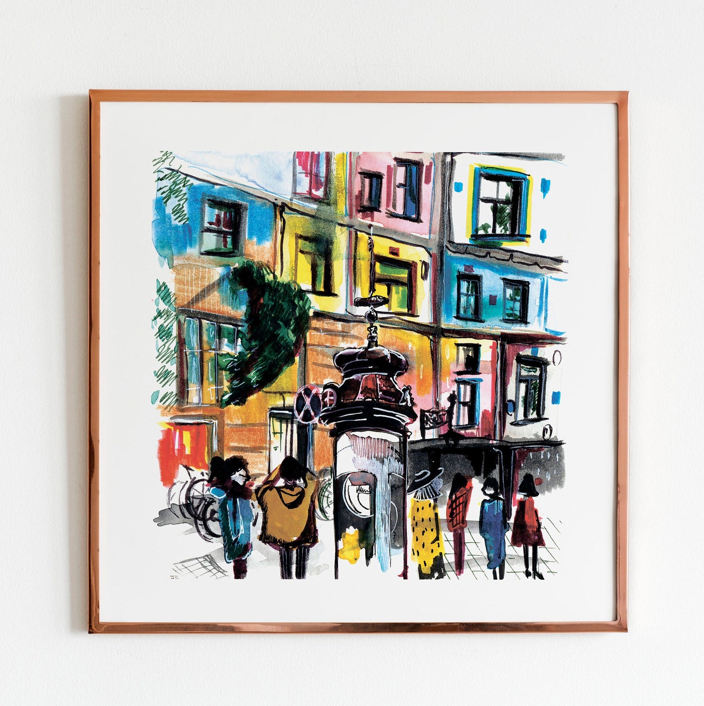 Barcelona Watercolor Print: City Street Scene, Yellow Umbrella (20x20cm)