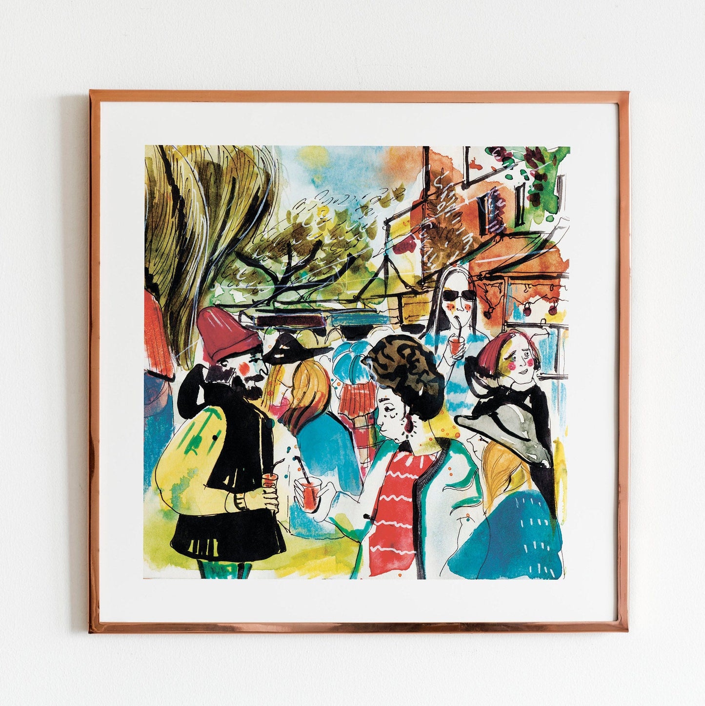 Barcelona Watercolor Print: City Street Scene, Yellow Umbrella (20x20cm)