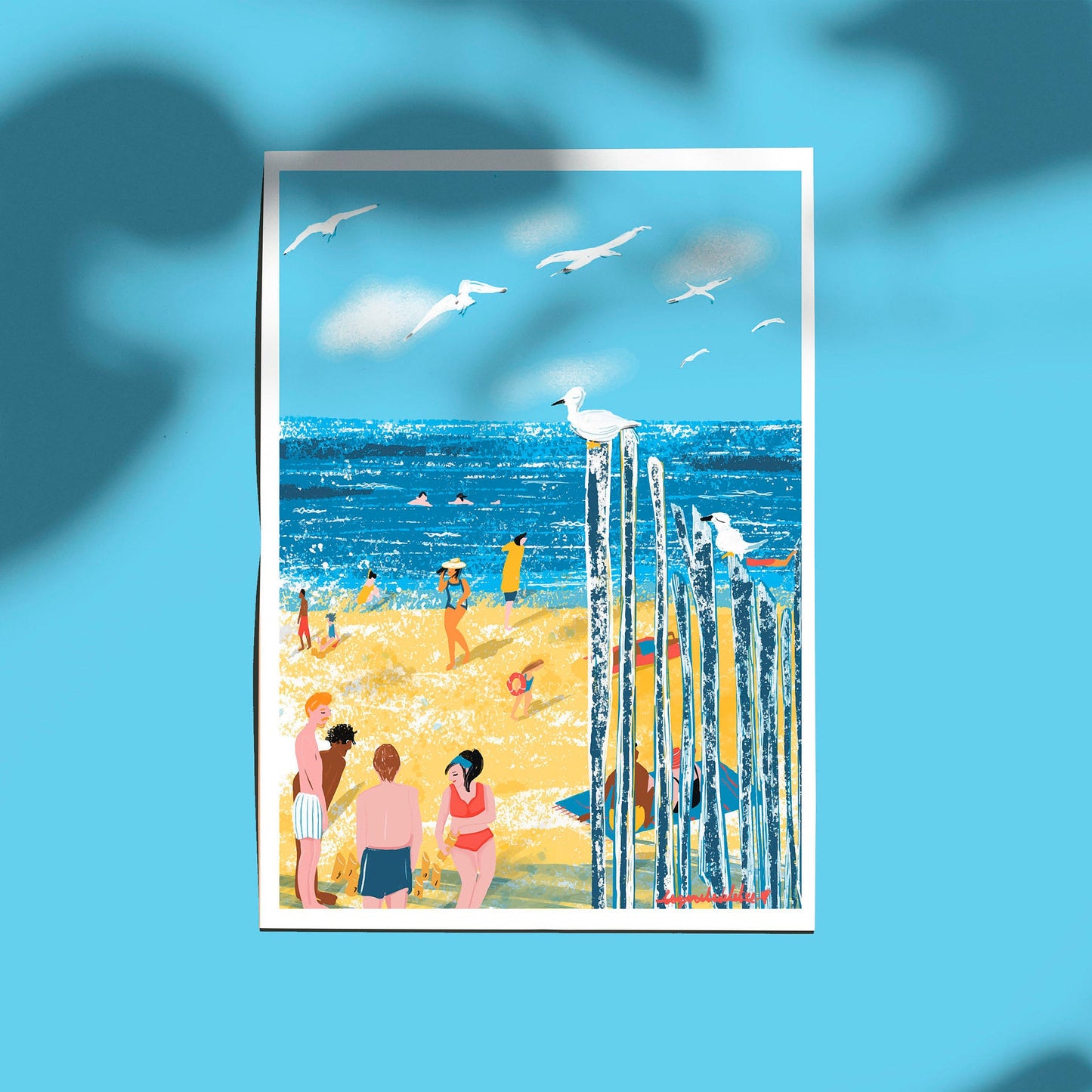 Saint-Malo Beach Print: Bretagne France Illustration, Seagulls (Digital Print)