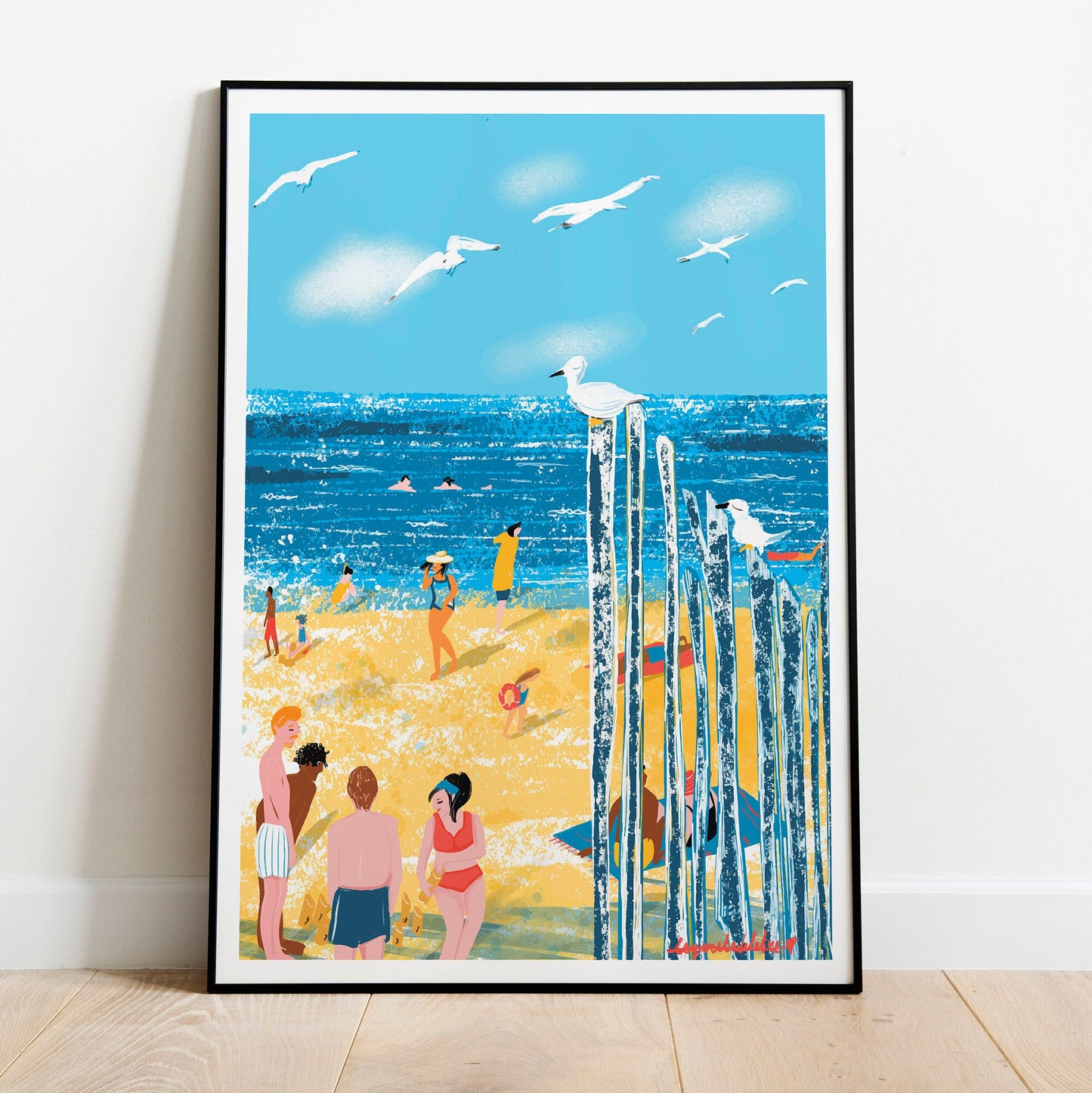 Saint-Malo Beach Print: Bretagne France Illustration, Seagulls (Digital Print)