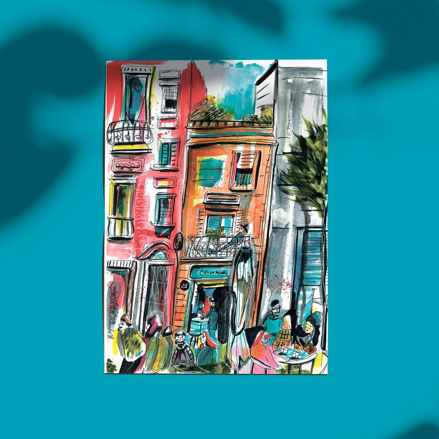 Barcelona Watercolor Print: Red BCN Skyline Art