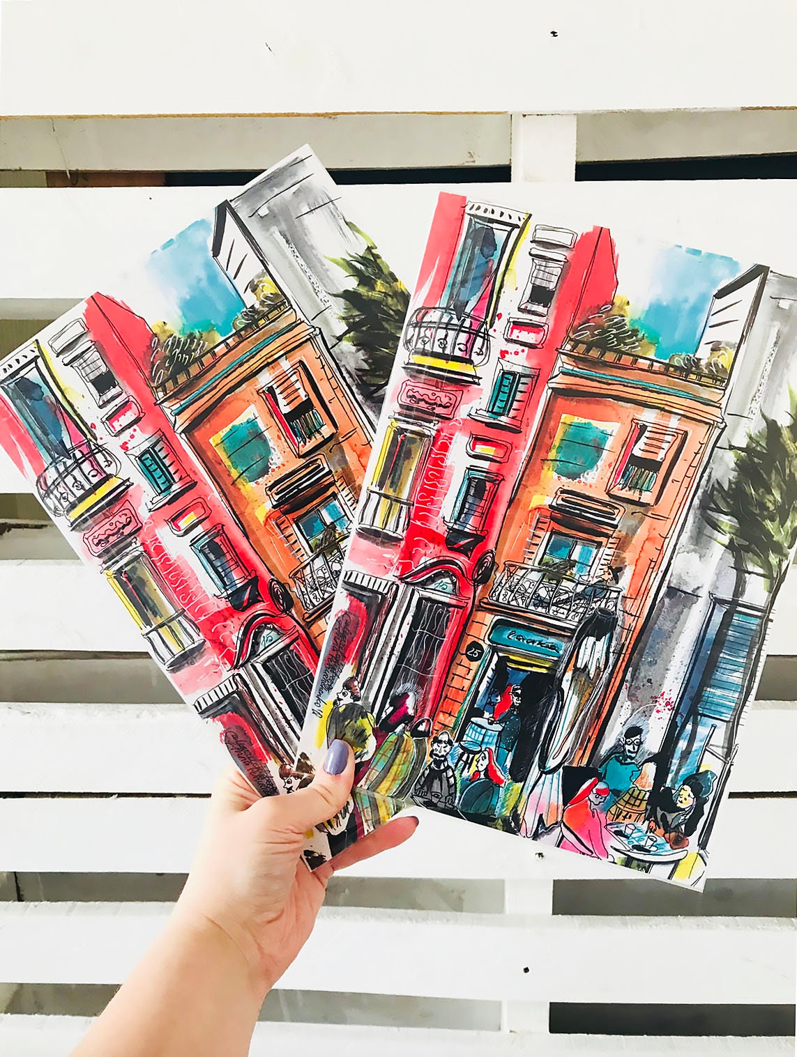 Barcelona Watercolor Print: Red BCN Skyline Art