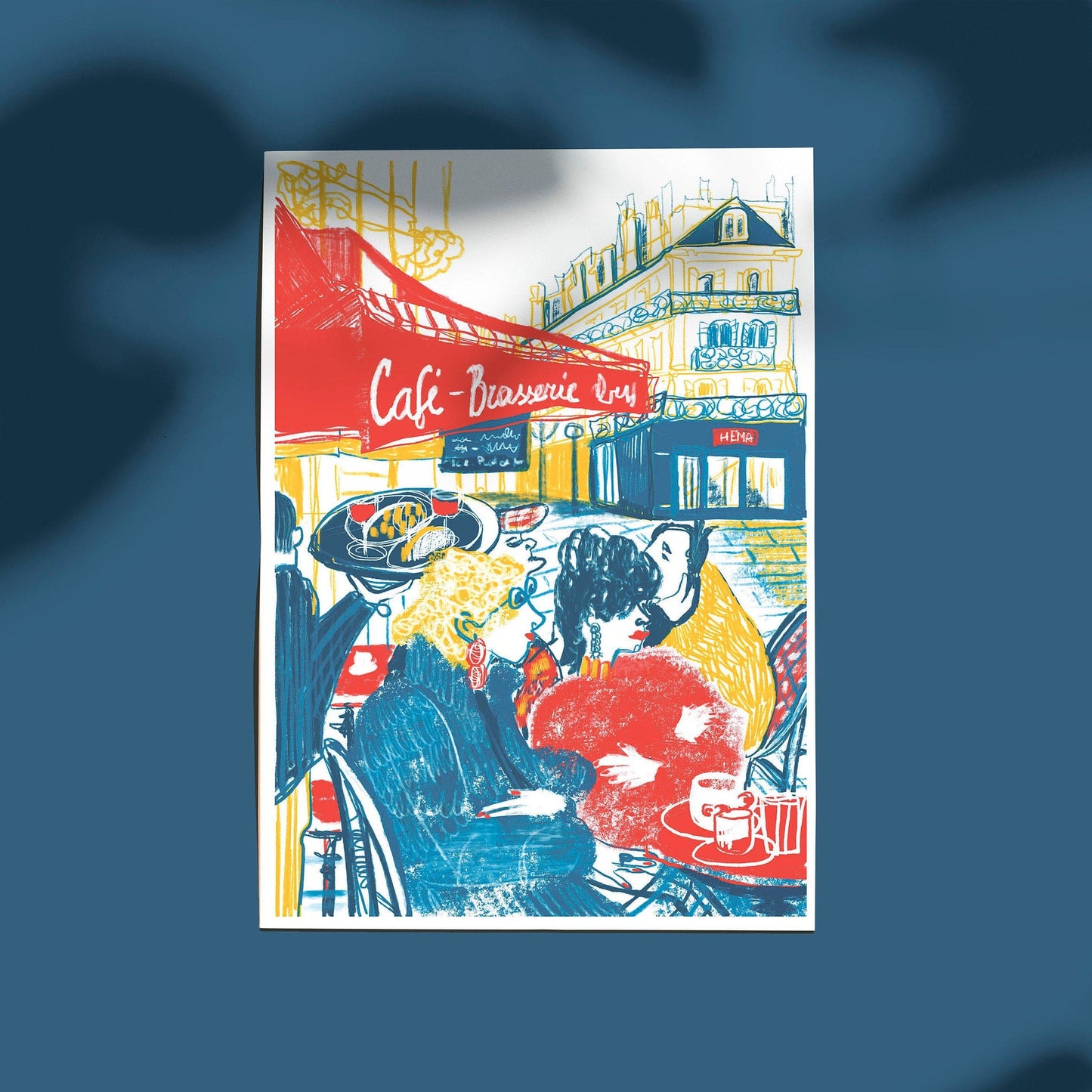 Parisian Cafe Print: Colorful Terrace Scene, Urban Lifestyle