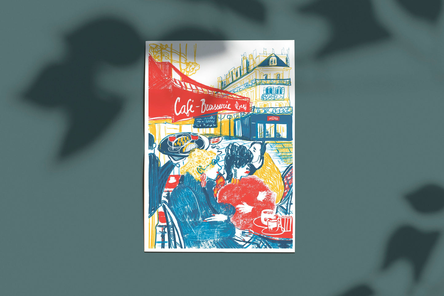 Parisian Cafe Print: Colorful Terrace Scene, Urban Lifestyle