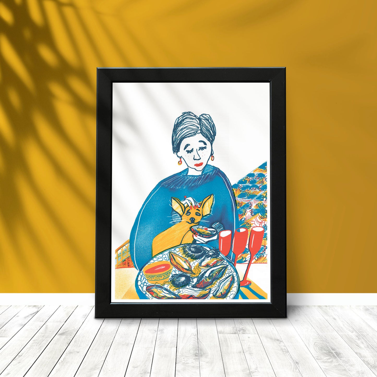 Lady and Dog Pet Prints / Portrait Female with Oyster Food Art / Lady & Small Dog with Oysters
