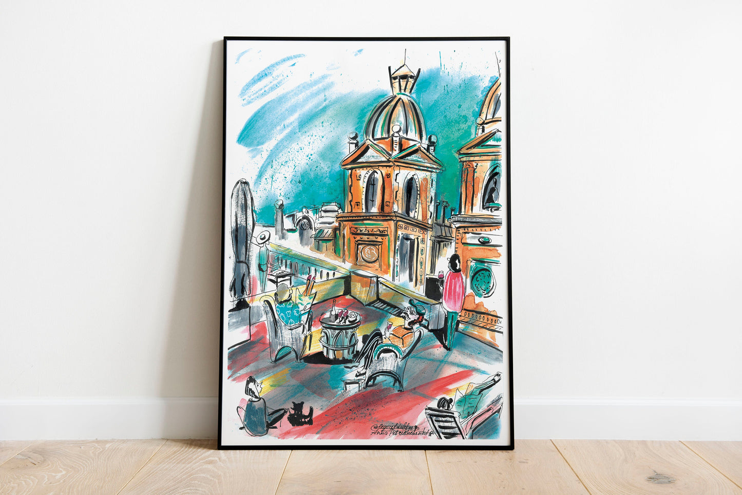 Barcelona Rooftop Fiesta Watercolor Art Print: Home Decor