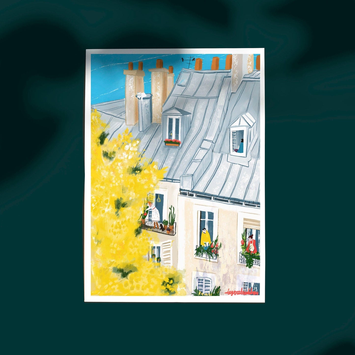 Paris Mimosa Wall Art -French Balcony Spring Print, Paris Rooftop Illustration