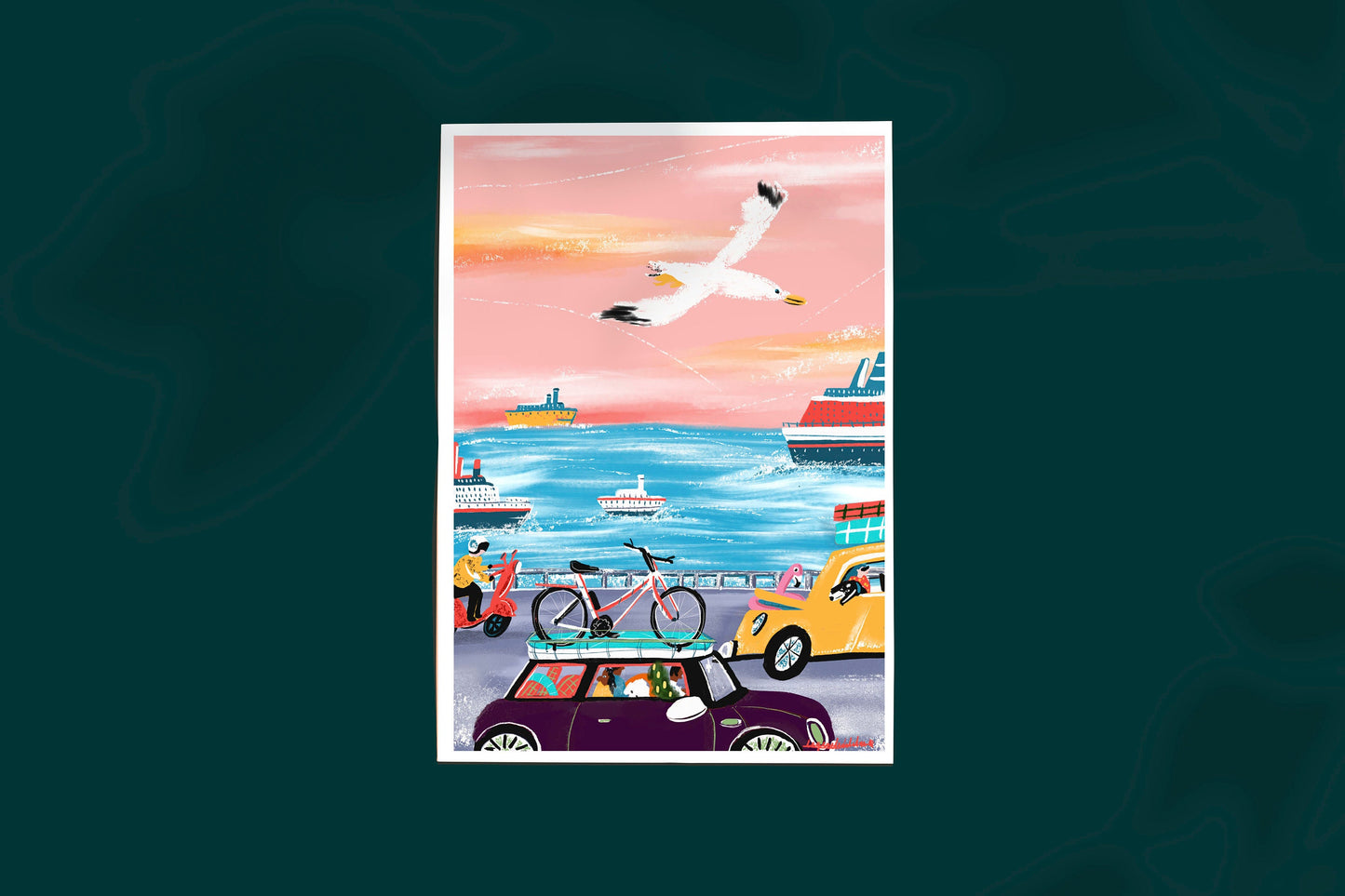 Seagull Travel Art Print: Pink & Blue Holiday Illustration