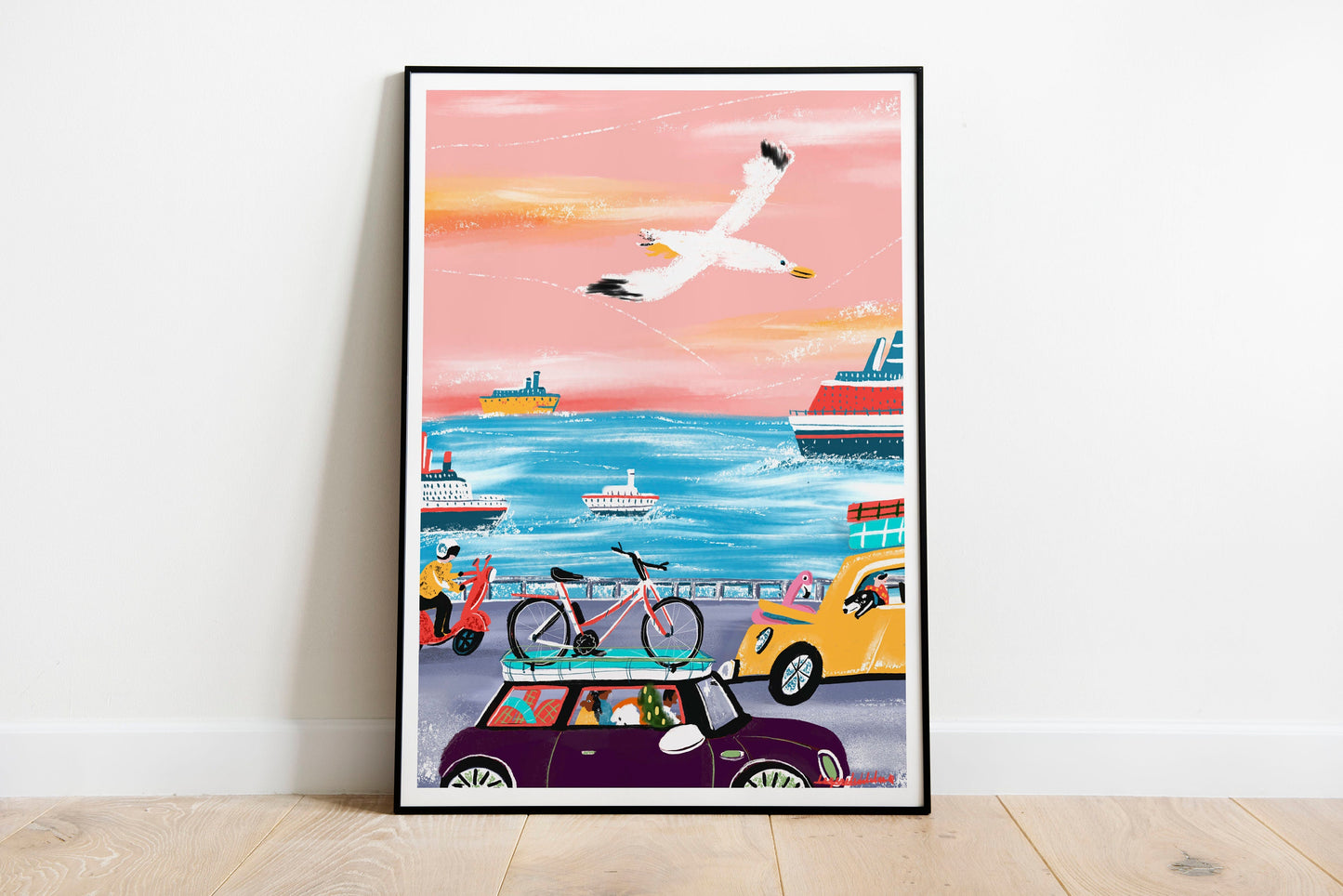 Seagull Travel Art Print: Pink & Blue Holiday Illustration