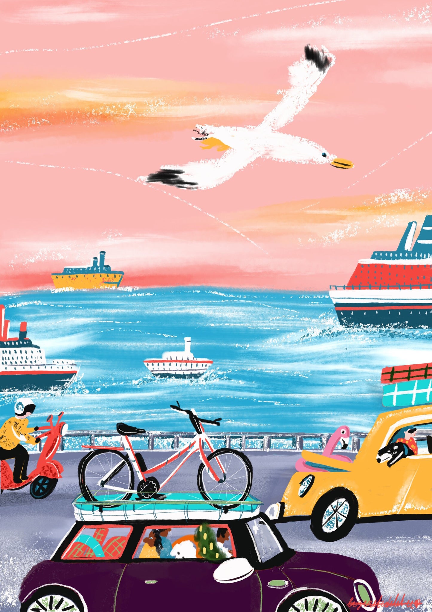 Seagull Travel Art Print: Pink & Blue Holiday Illustration