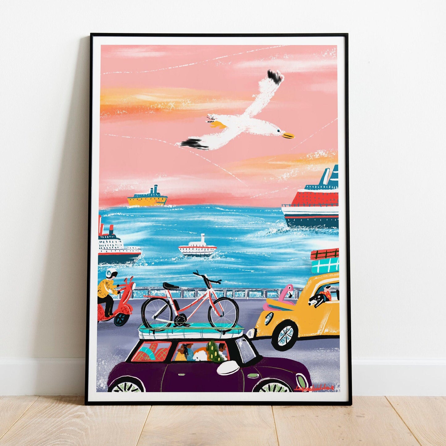 Seagull Travel Art Print: Pink & Blue Holiday Illustration
