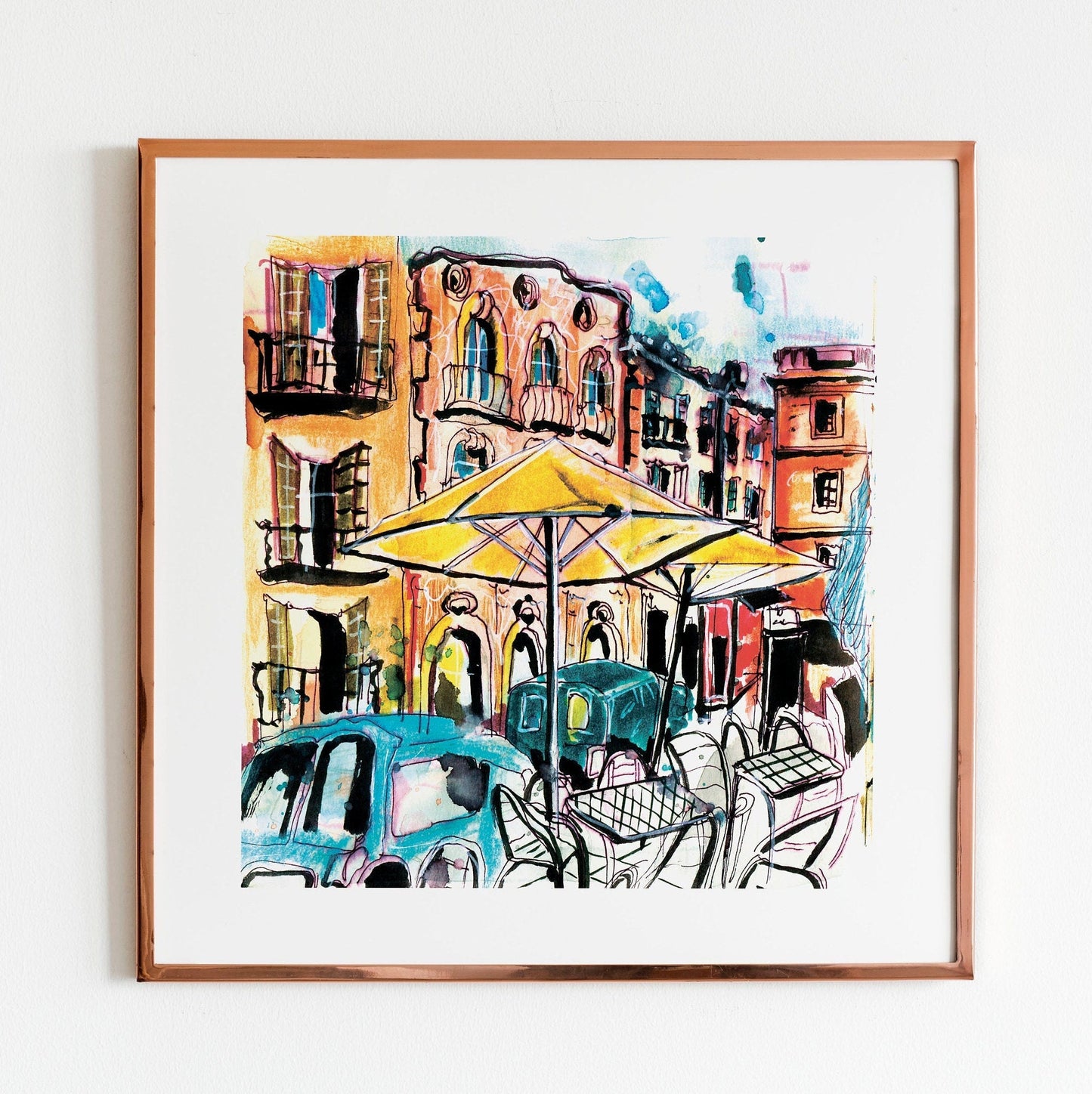 Barcelona Watercolor Print: City Street Scene, Yellow Umbrella (20x20cm)