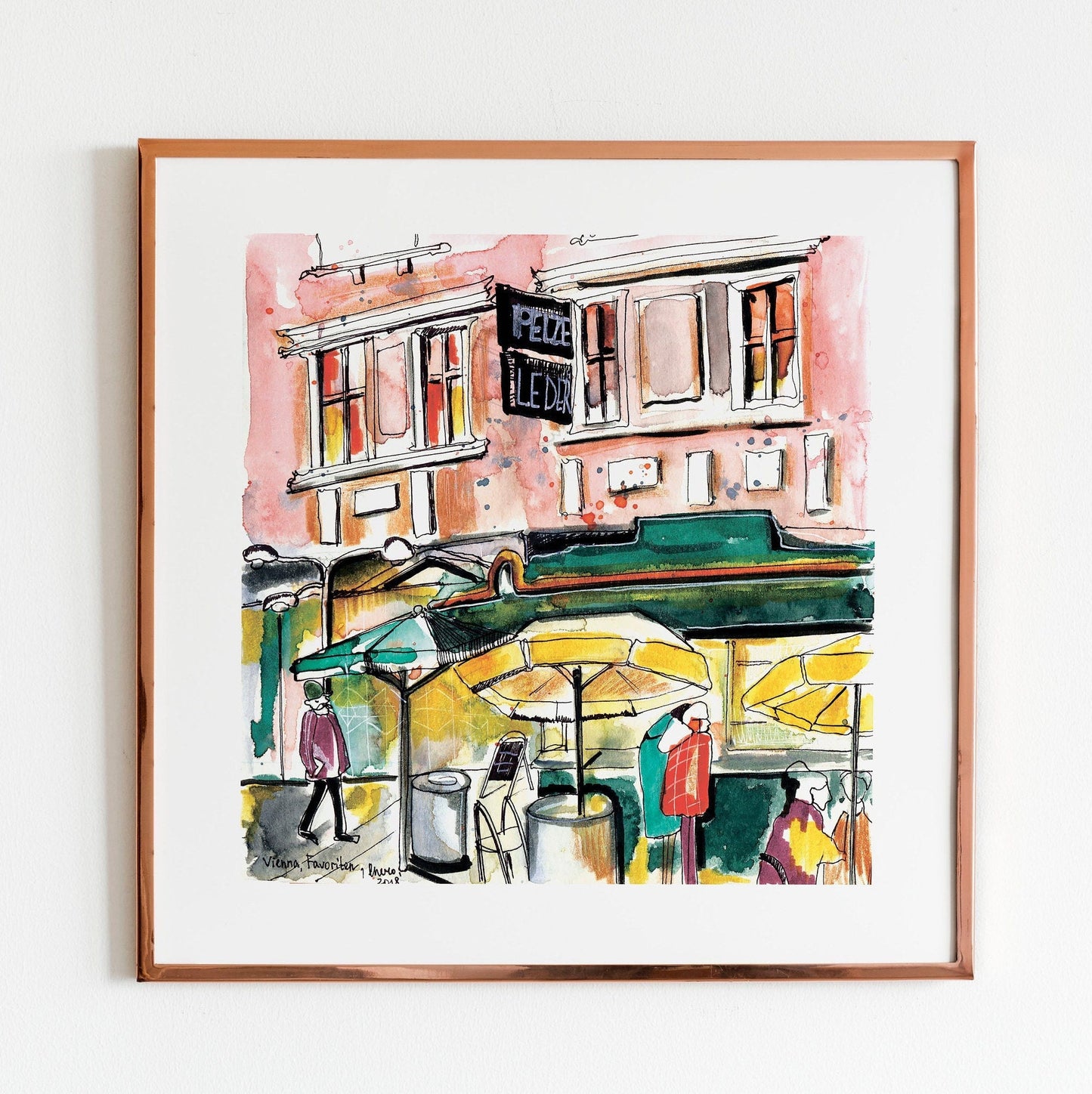 Barcelona Watercolor Print: City Street Scene, Yellow Umbrella (20x20cm)