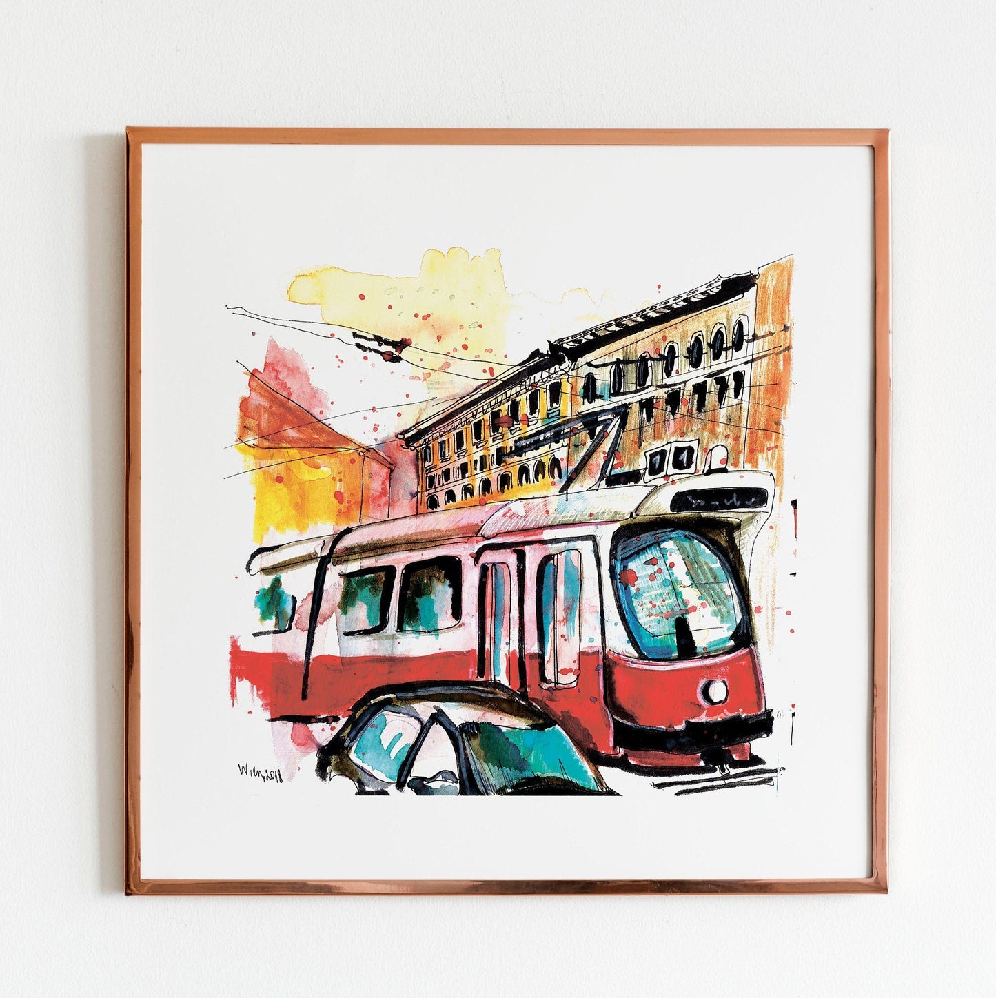 Barcelona Watercolor Print: City Street Scene, Yellow Umbrella (20x20cm)