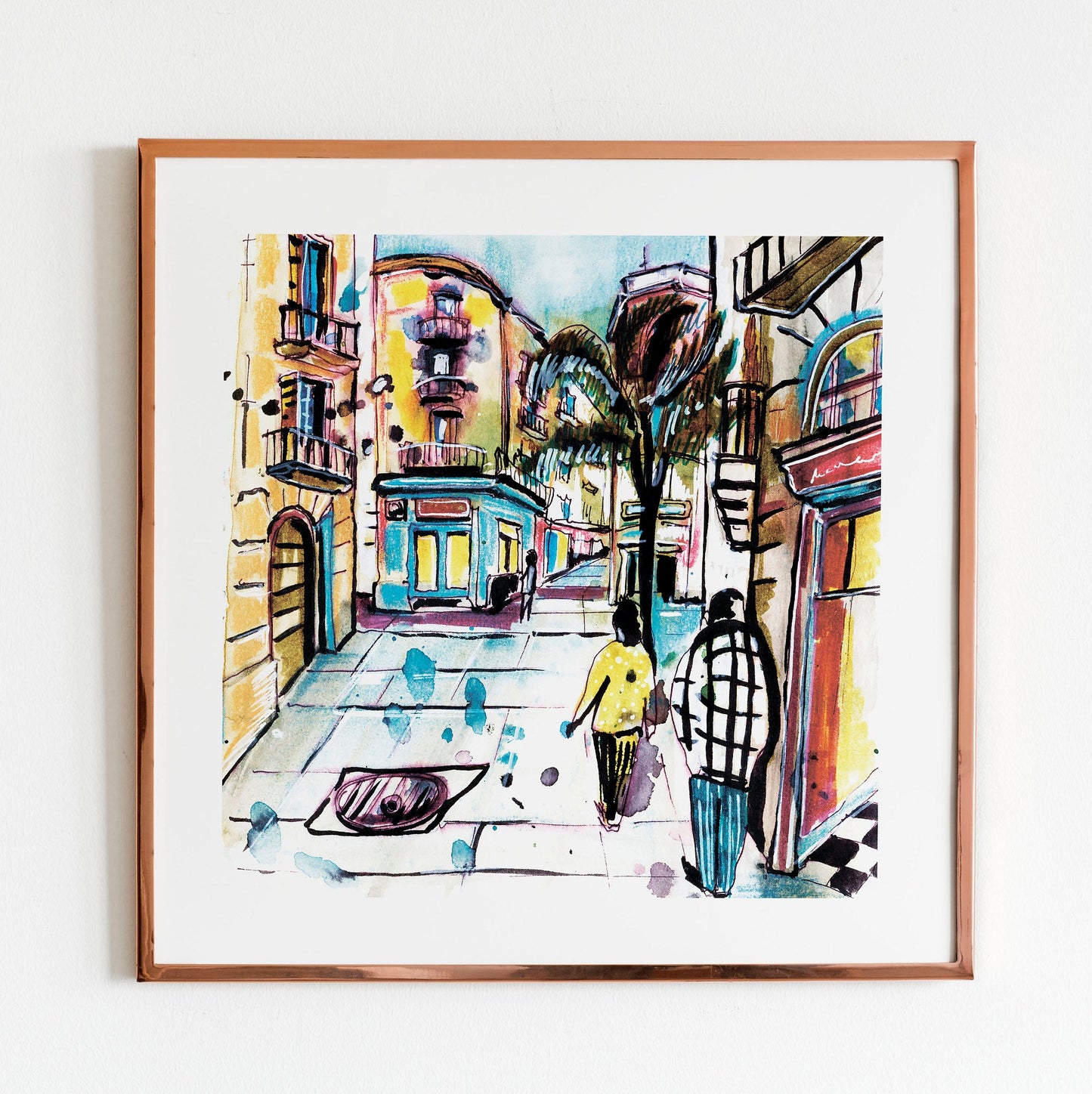 Barcelona Watercolor Print: City Street Scene, Yellow Umbrella (20x20cm)