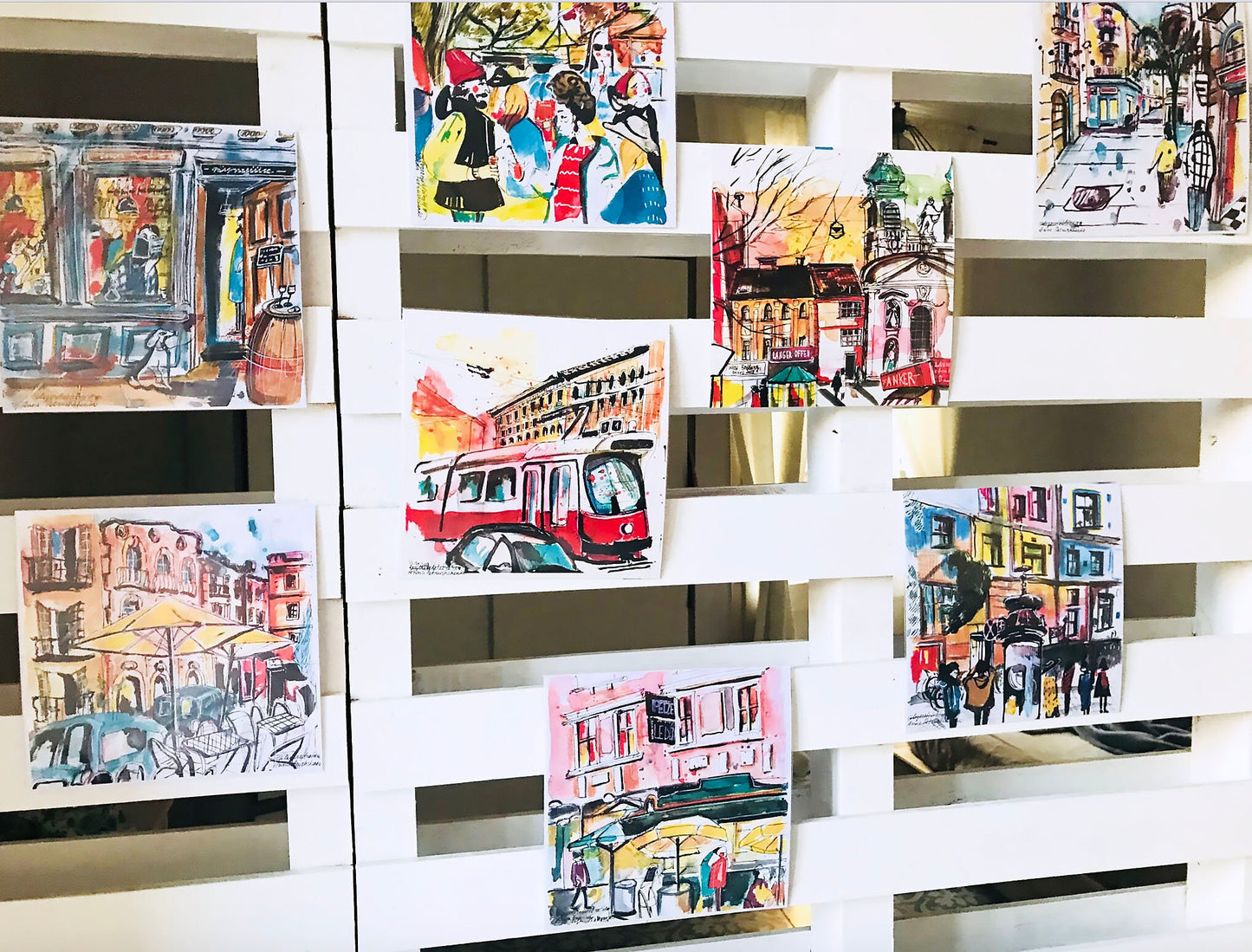 Barcelona Watercolor Print: City Street Scene, Yellow Umbrella (20x20cm)