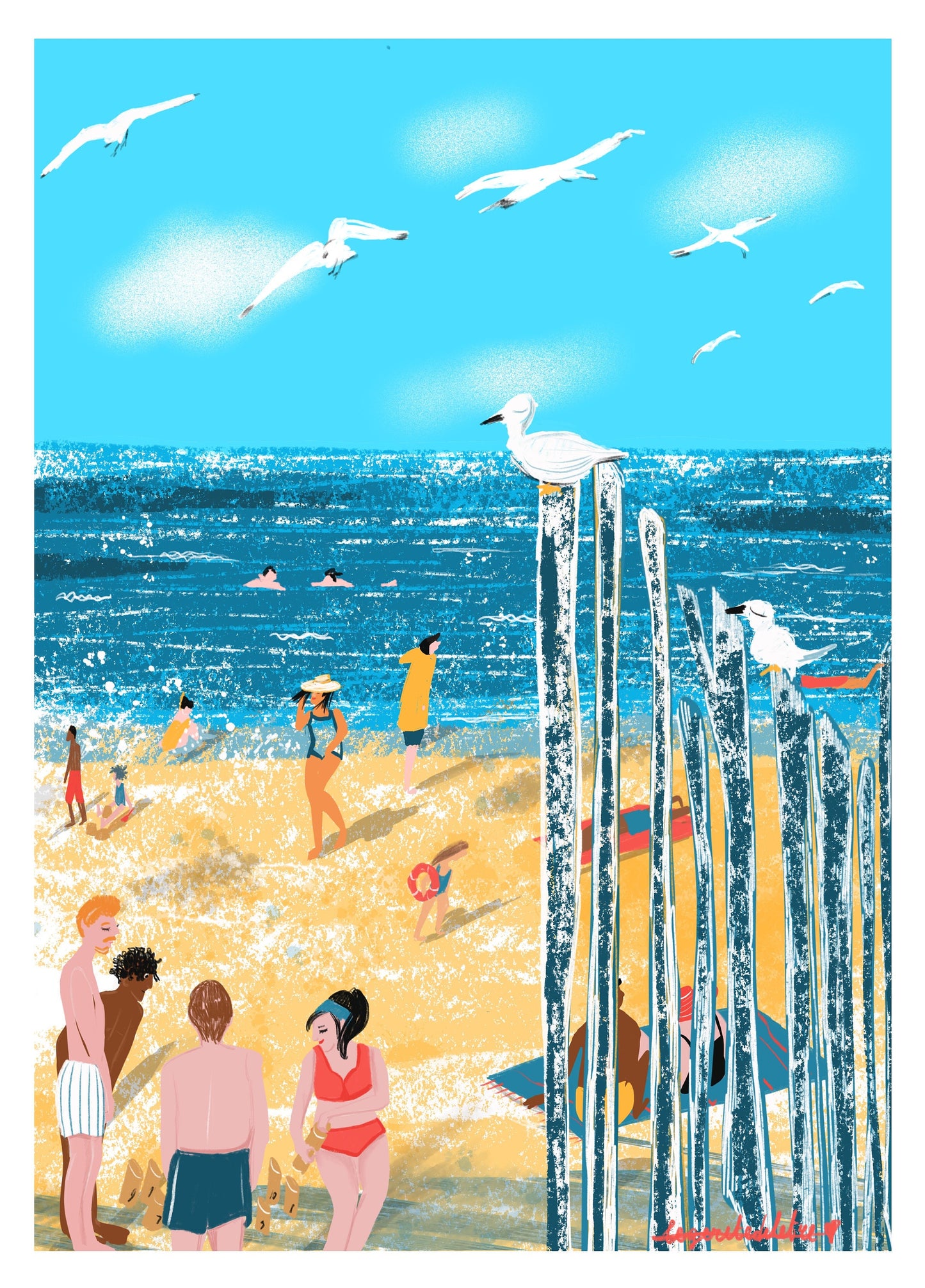 Saint-Malo Beach Print: Bretagne France Illustration, Seagulls (Digital Print)